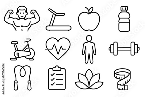 Fitness wellness outline icon set. Healthy lifestyle, exercise, diet symbol. Gym workout, cardio, nutrition, weight loss, bodybuilding, yoga, health care vector collection.