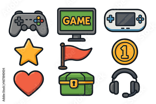 Gaming icons set for video games. Game controller, console, headset, star, coin, heart, and treasure chest. Vector cartoon illustration for gamer asset, mobile app or web.