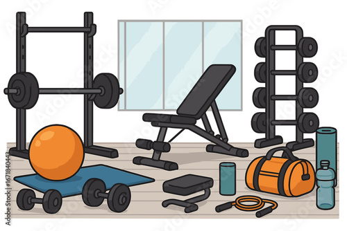 Fitness equipment and sport accessories in a modern gym. Vector cartoon illustration set with barbell, dumbbell, bench for weight training, bodybuilding, healthy lifestyle.