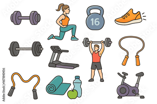 Fitness gym workout icon set. Vector cartoon collection of sport equipment: dumbbell, barbell, kettlebell, treadmill, exercise bike. Healthy lifestyle activity symbols.