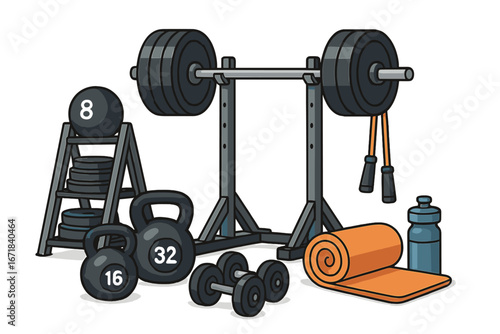 Vector cartoon set of fitness equipment for gym workouts. Barbell, squat rack, kettlebells, dumbbells, and accessories for strength training, bodybuilding, and exercise concept.