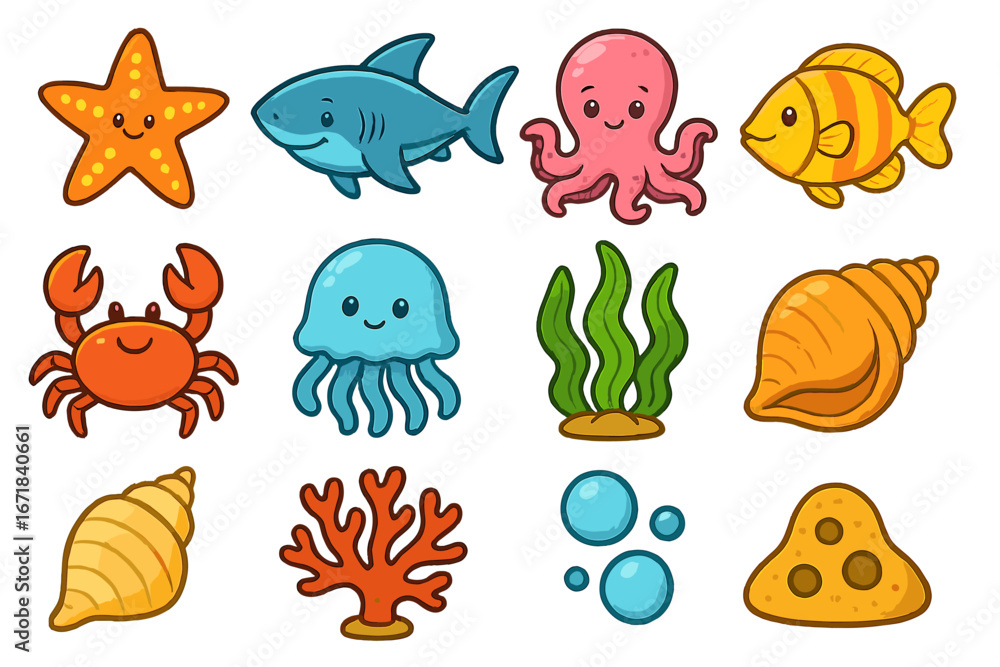 Naklejka premium Cute sea animal cartoon icon collection. Vector set of marine life characters. Ocean fish, shark, crab, octopus, jellyfish, starfish. Underwater elements for kids design.