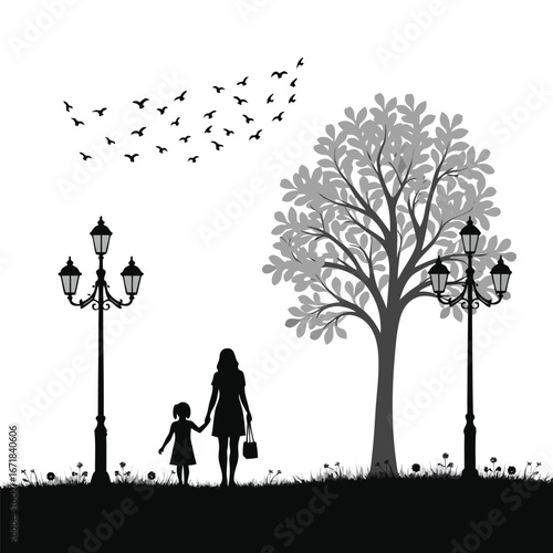 Mother and child walking hand in hand under a tree with streetlights and birds