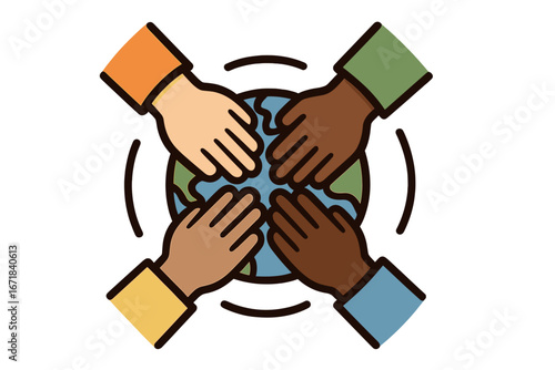 Diverse hands on globe symbolize unity, collaboration, and global community. Vector for concepts of teamwork, support, inclusion, peace, and racial equality. Together for change.