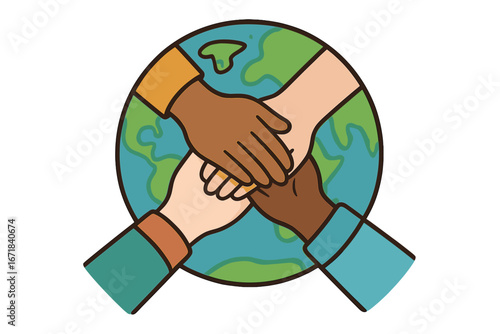 Diverse hands united over Earth globe. Symbol of community, support, collaboration. Global teamwork concept. Multicultural partnership, racial equality, and connection vector.