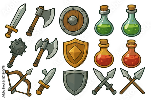 Set of cartoon medieval fantasy icons. Weapon, armor, shield, sword, axe, potion, elixir icons for RPG, video game UI. Vector illustration assets collection for developers.
