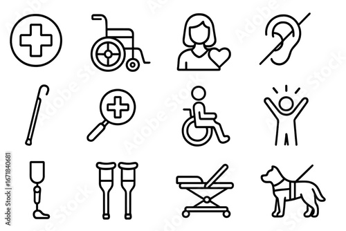 Healthcare & accessibility line icon set. Disability, adaptive aids, support, therapy outline icons. Vector wheelchair, crutches, prosthetic leg, guide dog, deaf symbol.