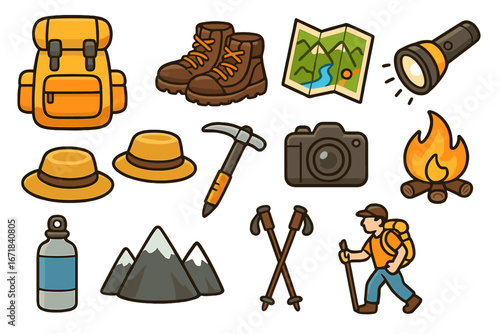 Cartoon hiking equipment icon collection. Set of vector elements for outdoor adventure, camping, and exploration. Backpack, boots, map, fire, mountain, hiker character illustration.