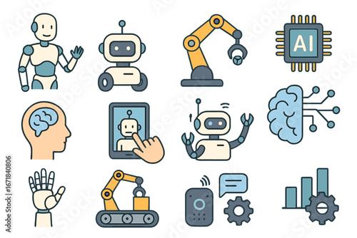 Robot and AI icon set. Robotics, artificial intelligence, and automation concepts. Vector pictograms of android, chatbot, industrial arm, machine learning and neural network.