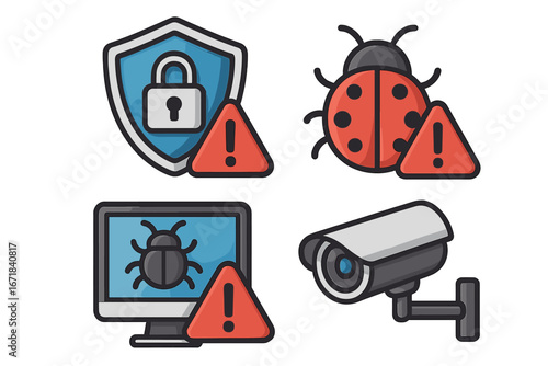 Cybersecurity icon set for bug, malware, and virus protection. Vector illustration with shield, lock, warning sign, computer bug, and surveillance camera for web security.