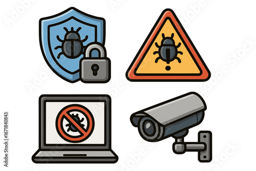 Cybersecurity icon set. Virus protection, malware bug, data privacy concepts. Antivirus shield, warning sign, secure laptop and cctv camera. Vector illustration flat design.