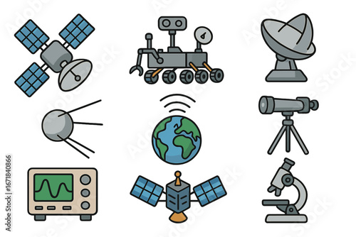 Space exploration and science icon set. Vector cartoon illustration of satellite, rover, telescope, dish antenna. Astronomy technology and research communication concept elements.