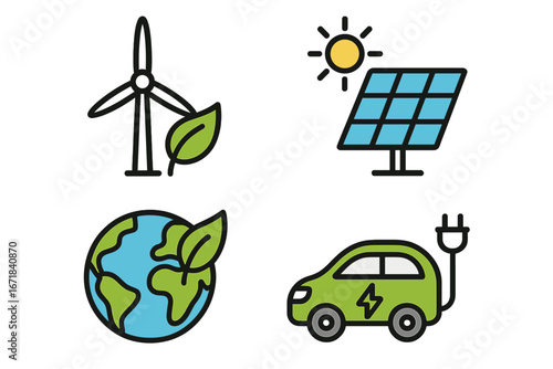 Renewable energy vector icon set. Wind turbine, solar panel, electric car, planet earth icons. Sustainable living, green power, ecology, clean technology concept illustration.