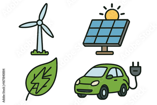 Renewable energy icon set. Green power concept with solar panel, wind turbine, and electric car. Eco friendly sustainability symbol. Clean energy vector cartoon illustration.