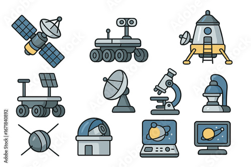 Set of space exploration and science icons. Vector cartoon illustration collection with satellite, rover, telescope, observatory, and scientific equipment for astronomy research.