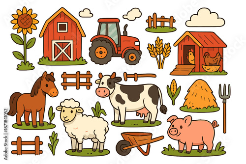 Cute farm animals and elements collection. Cartoon vector set with cow, pig, sheep, horse, tractor, and barn. For kids and educational design. Agriculture and farming icons.