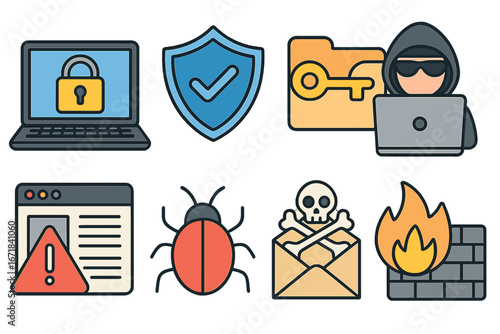 Cybersecurity icon set with hacker, virus, and protection symbols. Data security, internet threat, firewall, phishing, malware, bug, and scam concepts. Vector illustration.