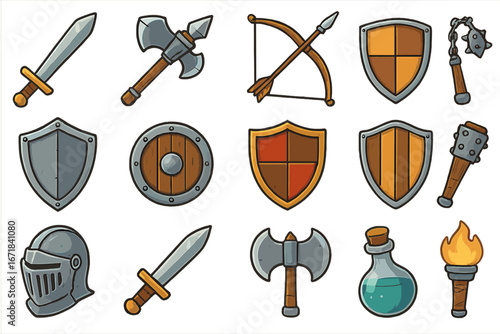Set of medieval weapon and armor icons. Fantasy RPG game assets. Vector cartoon sword, axe, shield, helmet, bow, mace, potion, torch. Knight battle equipment collection.