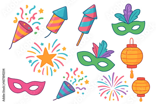 Colorful celebration party set with poppers, confetti, fireworks, carnival masks, and lanterns. Vector cartoon elements for birthday, New Year, or festival design. Isolated.