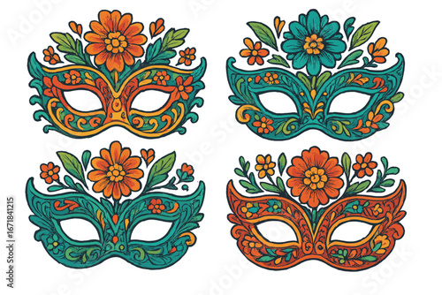 Vector set of colorful masquerade masks with floral folk art patterns. Intricate decorative illustration for carnival, festival celebration, Mardi Gras, or a traditional party.