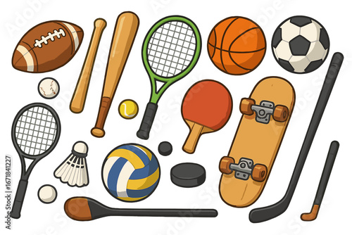 Sports equipment set. Cartoon vector icons. Football, basketball, soccer, baseball, hockey, tennis, volleyball, badminton, skateboard. Recreation, competition, game symbols.