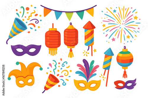 Set of carnival and party elements. Vector icons of fireworks, confetti poppers, festival masks, and Chinese lanterns. Colorful celebration and holiday decoration graphics.