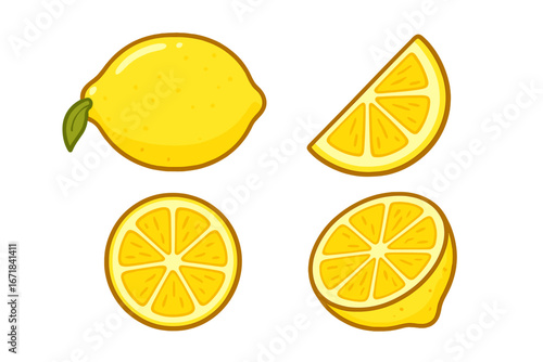 Lemon citrus fruit vector icon set. Cartoon illustration of whole, half, slice and wedge. Isolated fresh yellow food graphic element for design. Healthy juicy vitamin C.