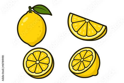 Lemon citrus fruit vector illustration set. Fresh cartoon icon collection with whole lemon, half, slice and wedge. Juicy, sour, organic food for summer and lemonade.