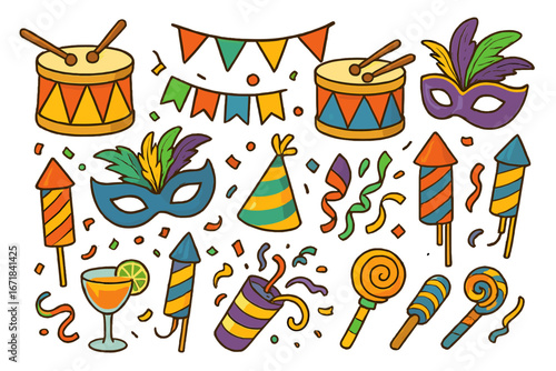 Colorful festive party elements set. Vector cartoon illustration of celebration items. Carnival mask, drum, fireworks, popper, confetti, garland. Holiday event design graphics.