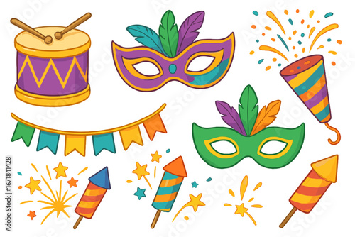 Carnival party elements set. Vector cartoon illustration of Mardi Gras masks, drum, fireworks, and popper. Festive icons for celebration, festival, parade, or birthday.