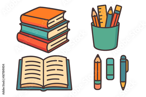 Set of colorful school and office supplies icons. Vector cartoon illustration with books, stationery, pencil, pen, ruler. Education, study, learning, back to school concept.