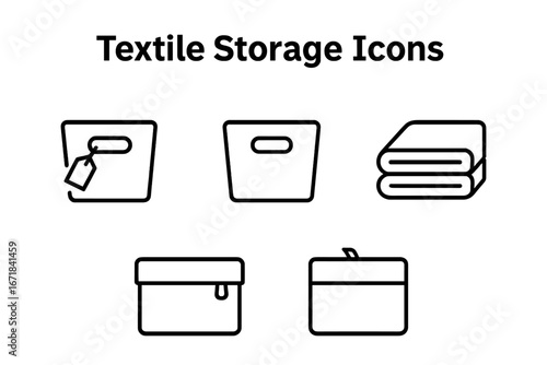 Textile storage outline icon set. Home organization and decluttering concept. Vector icons of fabric bins, boxes, and baskets with handles, label tags, and zippers. Folded towels.