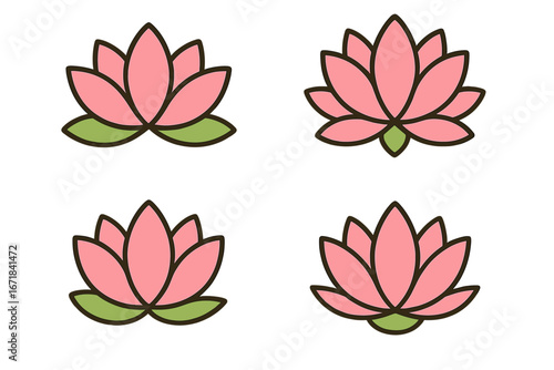 Set of pink lotus flower icons. Vector symbols for yoga studio, spa salon, beauty, and wellness logo. Zen meditation, harmony, and spiritual floral concepts. Isolated cartoon graphic.