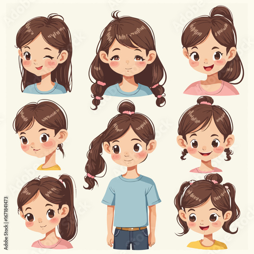 Cute cartoon girl portraits with various hairstyles.