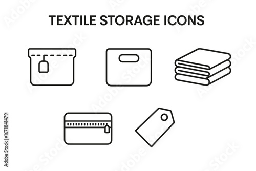 Textile storage outline icon set. Home organization and decluttering concept. Vector line art symbols of a fabric bin, storage box, folded laundry, zipper container, and label tag.