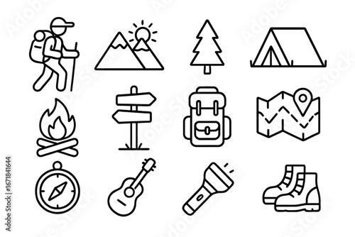 Hiking and camping line icon set. Outdoor adventure and nature exploration outline icons. Mountain, forest, tent, campfire, map vector symbols for travel and tourism.