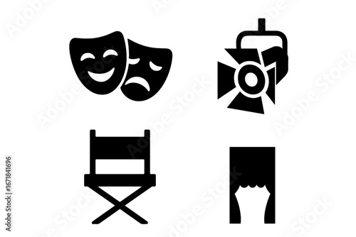 Theater icon set. Solid glyph collection for drama, cinema, movie production. Vector elements of comedy tragedy mask, director chair, spotlight, stage curtain. Acting symbol.