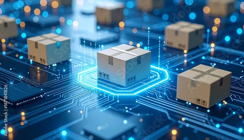 A futuristic circuit board with glowing boxes, Innovative technology package delivery system, Generated with AI.