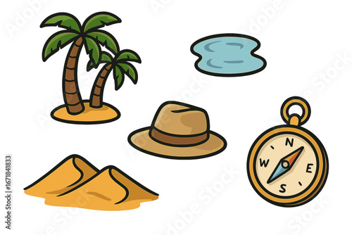 Desert adventure icon set. Cartoon vector symbols for exploration, travel, survival. Palm tree, oasis, sand dune, safari hat, compass. Isolated graphic elements for design.