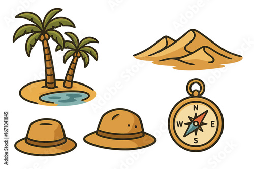 Desert adventure icon set with oasis, palm trees, sand dunes, safari hat, and compass. Vector cartoon collection for exploration, travel, and tourism graphic design elements.