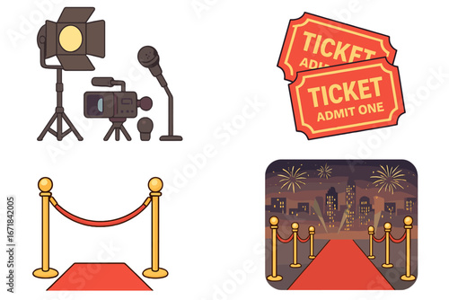 Movie premiere event set. Red carpet gala. Film festival award ceremony. Vector icons with camera, spotlight, microphone, tickets. Hollywood celebration night cartoon illustration.