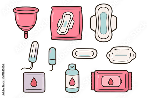 Feminine hygiene products set for menstrual care. Period items collection. Woman health vector cartoon illustration. Sanitary pad, tampon, menstrual cup and panty liner icons.