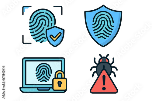 Set of cybersecurity icons. Fingerprint recognition and biometric authentication for data protection. Secure login concept. Virus, malware, and cyber threat warning symbol.