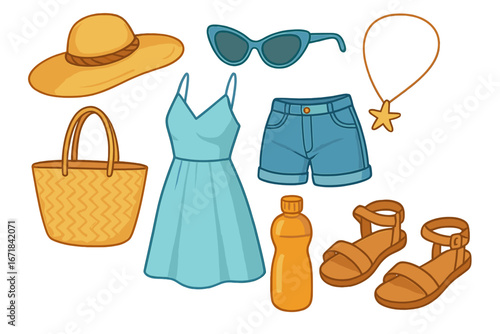 Summer fashion clothes set. Woman beach vacation outfit collection. Vector icon illustration with dress, shorts, sun hat, sunglasses, sandals, bag. Travel essentials style.