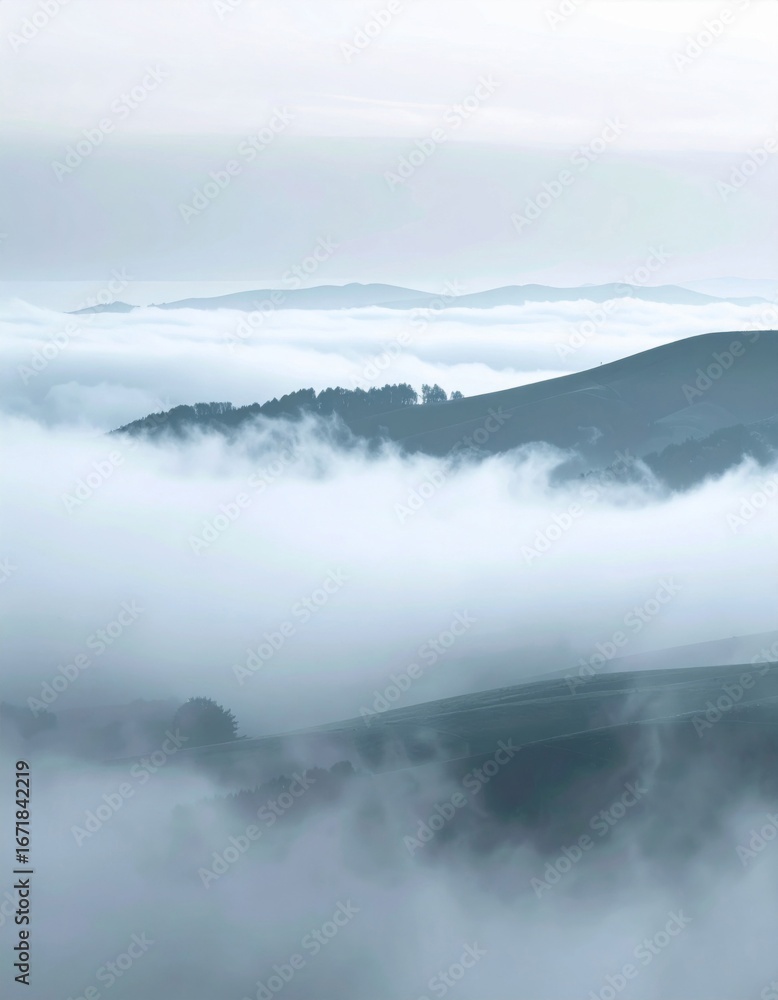 Fototapeta premium Mountains Partially Covered in White Fog with a Sky in Background during Daytime