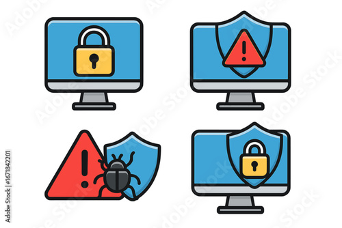 Cybersecurity icon set for data protection and digital safety. Vector symbols of computer security, padlock, shield, virus alert, and risk prevention. Flat cartoon illustration.