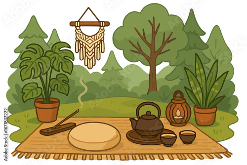Zen meditation retreat in forest. Tea ceremony with teapot, incense, cushion on picnic blanket. Mindfulness, relaxation concept. Boho decor vector illustration, cartoon.