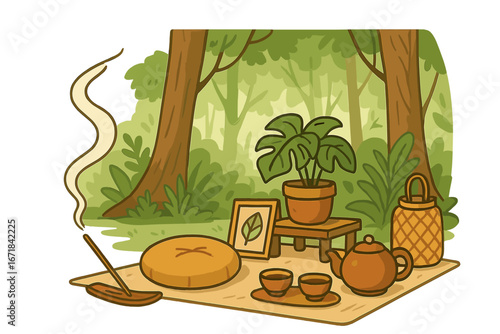 Relaxing retreat for meditation and mindfulness in a serene forest. Vector cartoon concept for wellness, zen, and self-care. Nature picnic with tea ceremony, incense, and yoga cushion.
