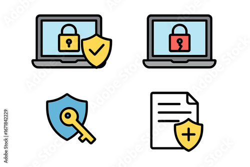 Cybersecurity icon set for data protection and internet safety. Vector symbols of secure connection, risk, privacy, and prevention. Digital security and antivirus concept illustration.