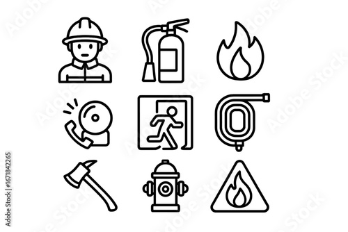 Fire safety line icon set. Firefighter, emergency, and protection symbols. Vector outline icons of extinguisher, alarm, hydrant, hose, axe, and exit sign for web and print.